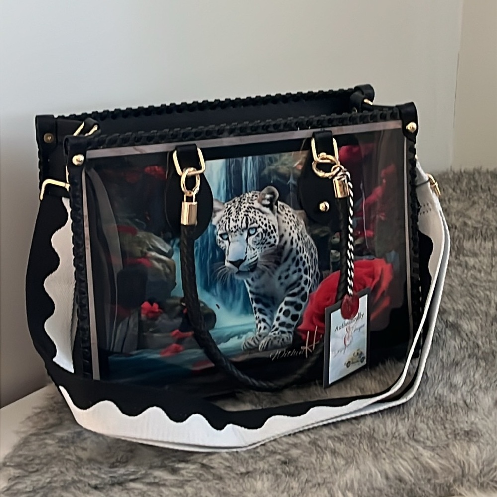*SOLD* CHiP Bags modern style black white blue leopard lion roses tote purse - Picture 15 of 15